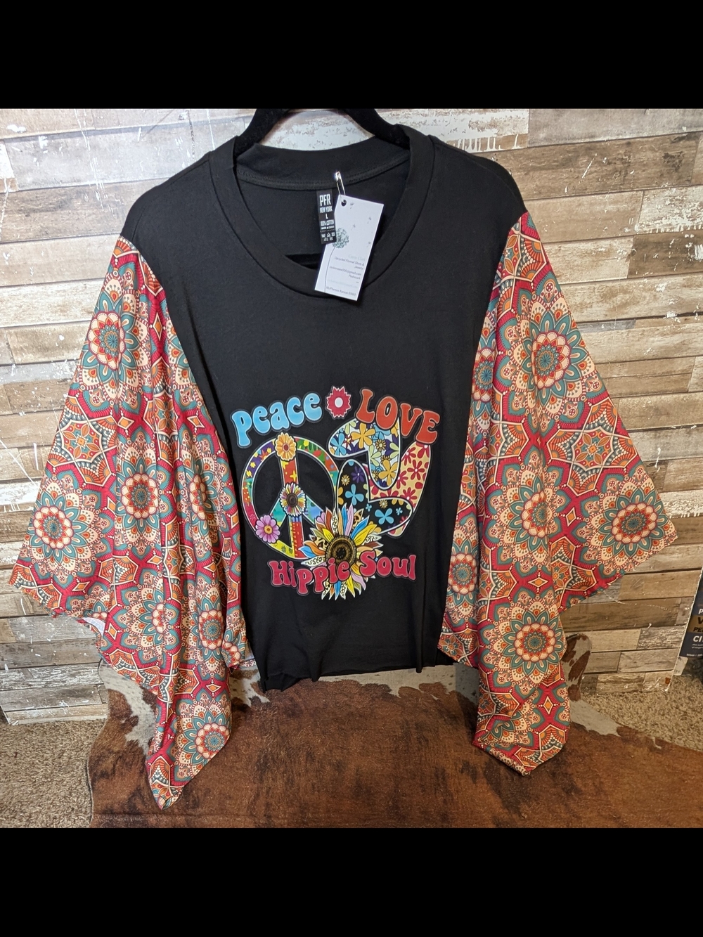 New Peace Love Hippie Soul Graphic W Boho Bat Winged Sleeves